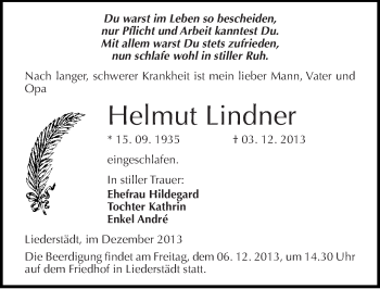 Traueranzeige von Helmut Lindner von Mitteldeutsche Zeitung Merseburg/Querfurt