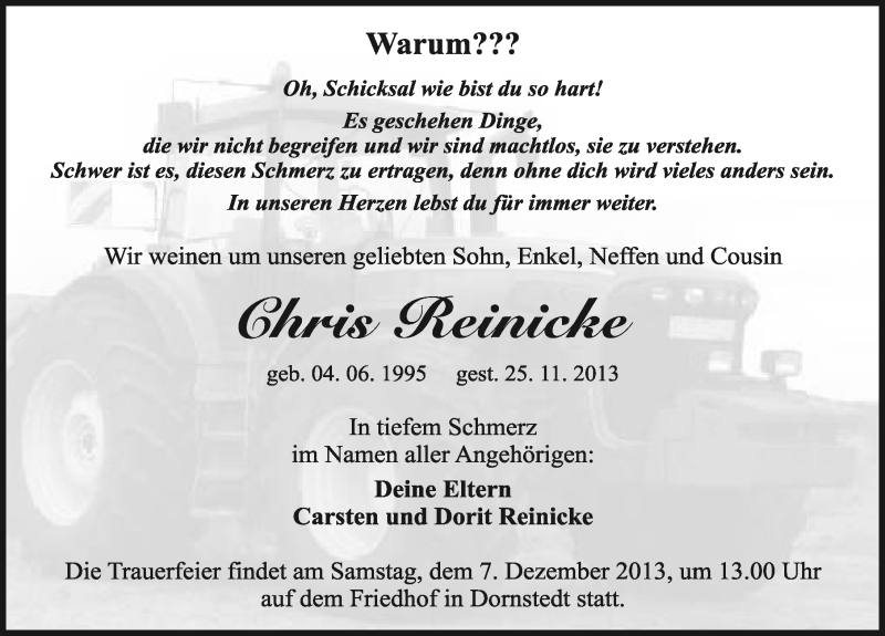  Traueranzeige für Chris Reinicke vom 05.12.2013 aus Mitteldeutsche Zeitung
