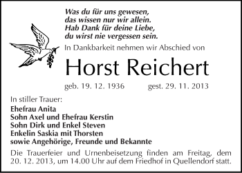 Traueranzeige von Horst Reichert von Mitteldeutsche Zeitung Köthen