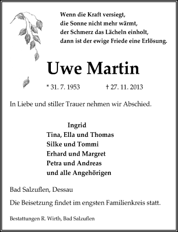 Traueranzeige von Uwe Martin von Mitteldeutsche Zeitung Dessau-Roßlau