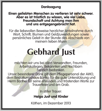 Traueranzeige von Gebhard Just von Mitteldeutsche Zeitung Köthen