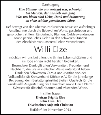 Traueranzeige von Willi Elze von Mitteldeutsche Zeitung Köthen