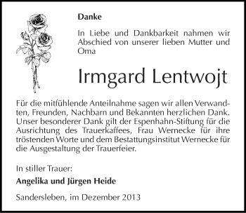 Traueranzeige von Irmgard Lentwojt von Mitteldeutsche Zeitung Mansfelder Land