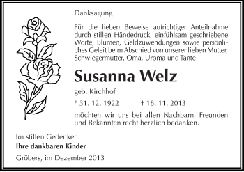Traueranzeige von Susanna Welz von Mitteldeutsche Zeitung Halle/Saalkreis