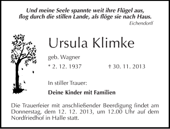 Traueranzeige von Ursula Klimke von Mitteldeutsche Zeitung Halle/Saalkreis