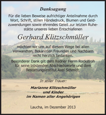 Traueranzeige von Gerhard Klitzschmüller von Mitteldeutsche Zeitung Naumburg/Nebra