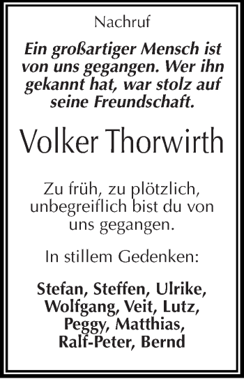 Traueranzeige von Volker Thorwirth von Mitteldeutsche Zeitung Köthen