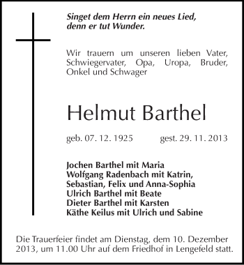 Traueranzeige von Helmut Barthel von Mitteldeutsche Zeitung Sangerhausen