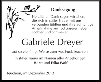 Traueranzeige von Gabriele Dreyer von Mitteldeutsche Zeitung Weißenfels