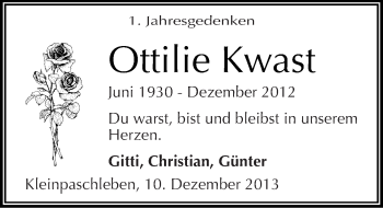 Traueranzeige von Ottilie Kwast von Mitteldeutsche Zeitung Köthen