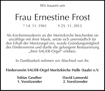 Traueranzeige von Ernestine Frost von Mitteldeutsche Zeitung Halle/Saalkreis