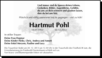 Traueranzeige von Hartmut Pohl von Mitteldeutsche Zeitung Dessau-Roßlau