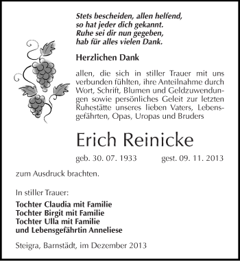Traueranzeige von Erich Reinicke von Mitteldeutsche Zeitung