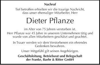 Traueranzeige von Dieter Pflanze von Mitteldeutsche Zeitung Dessau-Roßlau