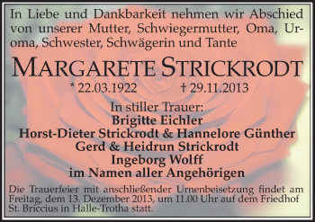 Traueranzeige von Margarete Strickrodt von Mitteldeutsche Zeitung Halle/Saalkreis