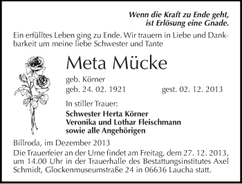 Traueranzeige von Meta Mücke von Mitteldeutsche Zeitung Naumburg/Nebra