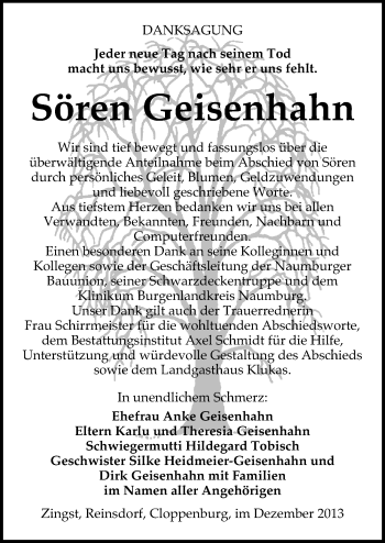 Traueranzeige von Sören Geisenhahn von Mitteldeutsche Zeitung
