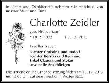 Traueranzeige von Charlotte Zeidler von Mitteldeutsche Zeitung Bitterfeld