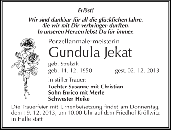 Traueranzeige von Gundula Jekat von Mitteldeutsche Zeitung Halle/Saalkreis