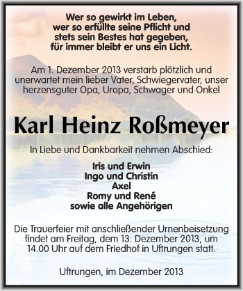 Traueranzeige von Karl Heinz Roßmeyer von Mitteldeutsche Zeitung Sangerhausen