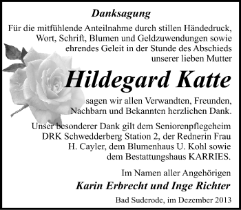 Traueranzeige von Hildegard Katte von Mitteldeutsche Zeitung Quedlinburg