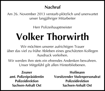 Traueranzeige von Volker Thorwirth von Mitteldeutsche Zeitung Köthen