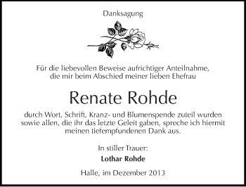 Traueranzeige von Renate Rohde von Mitteldeutsche Zeitung Halle/Saalkreis