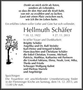 Traueranzeige von Hellmuth Schäfer von Mitteldeutsche Zeitung Naumburg/Nebra