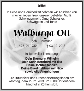 Traueranzeige von Walburga Ott von Mitteldeutsche Zeitung Köthen