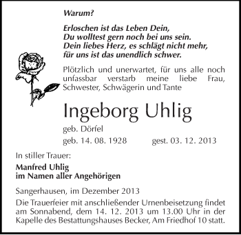 Traueranzeige von Ingeborg Uhlig von Mitteldeutsche Zeitung Sangerhausen