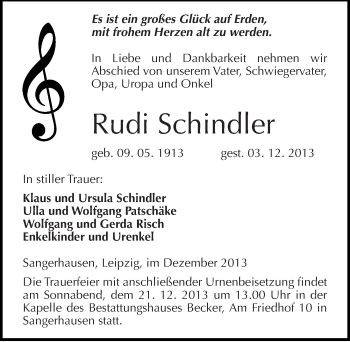 Traueranzeige von Rudi Schindler von Mitteldeutsche Zeitung Sangerhausen