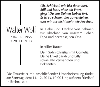 Traueranzeige von Walter Wolf von Mitteldeutsche Zeitung