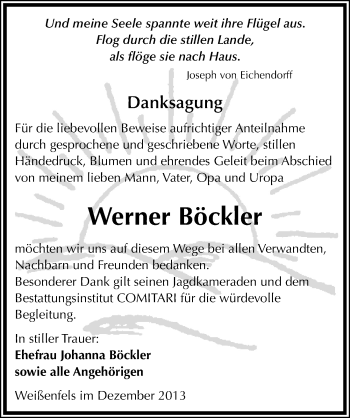 Traueranzeige von Werner Böckler von Mitteldeutsche Zeitung Weißenfels