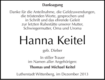 Traueranzeige von Hanna Keitel von Mitteldeutsche Zeitung Wittenberg