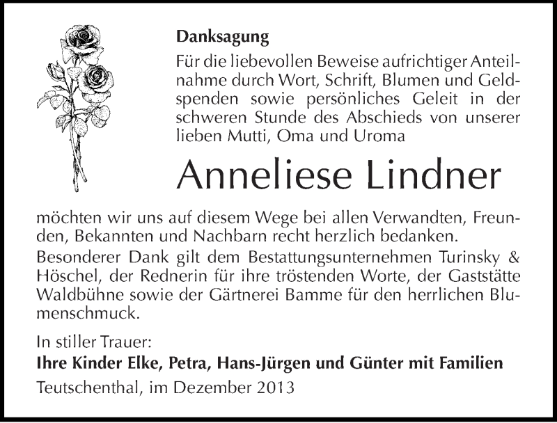  Traueranzeige für Anneliese Lindner vom 07.12.2013 aus Mitteldeutsche Zeitung Halle/Saalkreis