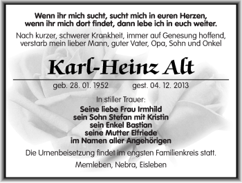 Traueranzeige von Karl-Heinz Alt von Mitteldeutsche Zeitung Naumburg/Nebra