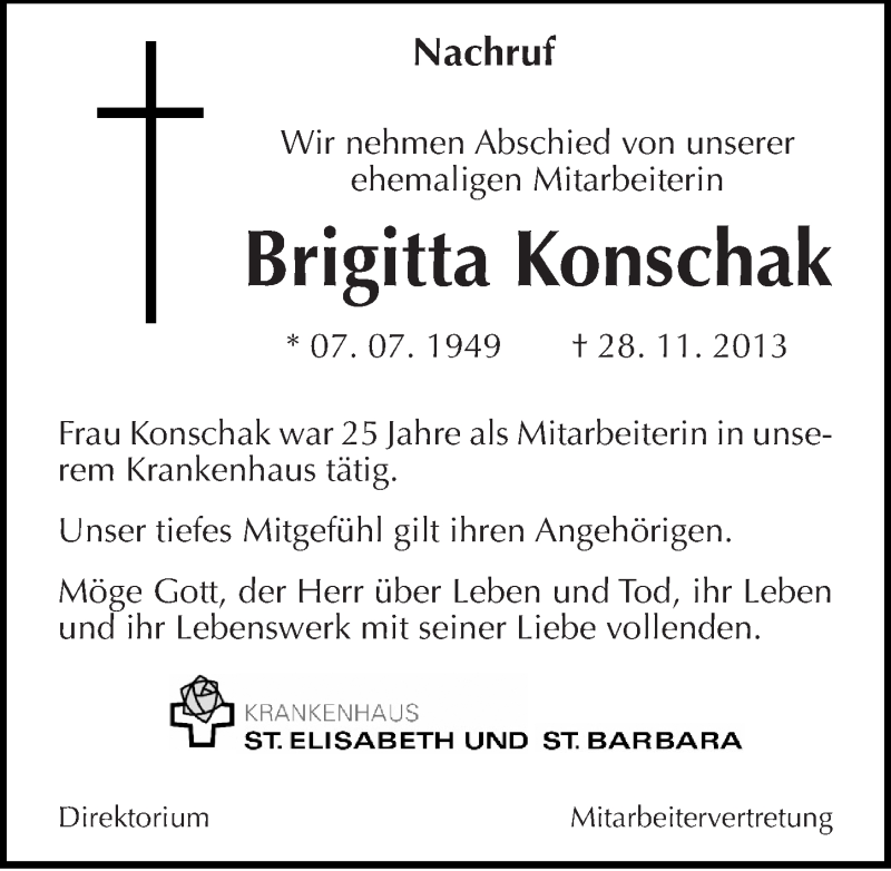  Traueranzeige für Brigitta Konschak vom 07.12.2013 aus Mitteldeutsche Zeitung Halle/Saalkreis