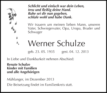 Traueranzeige von Werner Schulze von Mitteldeutsche Zeitung Wittenberg