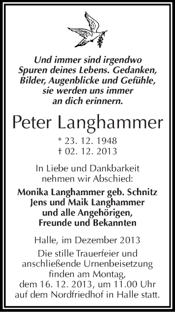 Traueranzeige von Peter Langhammer von Mitteldeutsche Zeitung Halle/Saalkreis