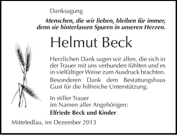 Traueranzeige von Helmut Beck von Mitteldeutsche Zeitung Quedlinburg