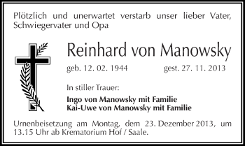 Traueranzeige von Reinhard von Manowsky von Mitteldeutsche Zeitung Halle/Saalkreis