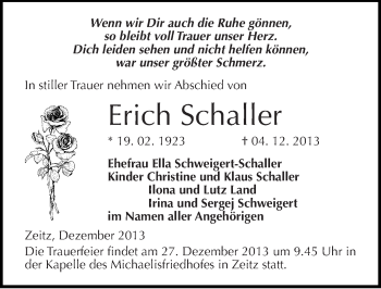 Traueranzeige von Erich Schaller von Mitteldeutsche Zeitung Zeitz