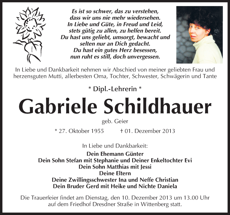  Traueranzeige für Gabriele Schildhauer vom 07.12.2013 aus Mitteldeutsche Zeitung Wittenberg