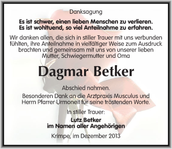 Traueranzeige von Dagmar Betker von Mitteldeutsche Zeitung Halle/Saalkreis