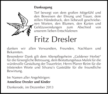 Traueranzeige von Fritz Dresler von Mitteldeutsche Zeitung Quedlinburg