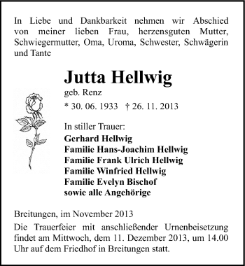 Traueranzeige von Jutta Hellwig von Mitteldeutsche Zeitung Sangerhausen