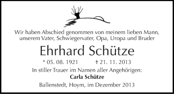 Traueranzeige von Ehrhard Schütze von Mitteldeutsche Zeitung