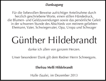 Traueranzeige von Günther Hildebrandt von Mitteldeutsche Zeitung Halle/Saalkreis