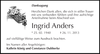 Traueranzeige von Ingrid Anders von Mitteldeutsche Zeitung Halle/Saalkreis