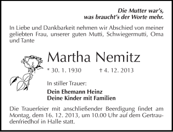 Traueranzeige von Martha Nemitz von Mitteldeutsche Zeitung Halle/Saalkreis